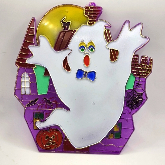 Vintage Halloween Window Hanging Haunted House Moon Ghost Black Cat Appx 9"x7" W - Picture 1 of 5